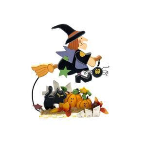 Halloween Flying Witch on Broom Standing Wood Shelf Decoration 10" Tall